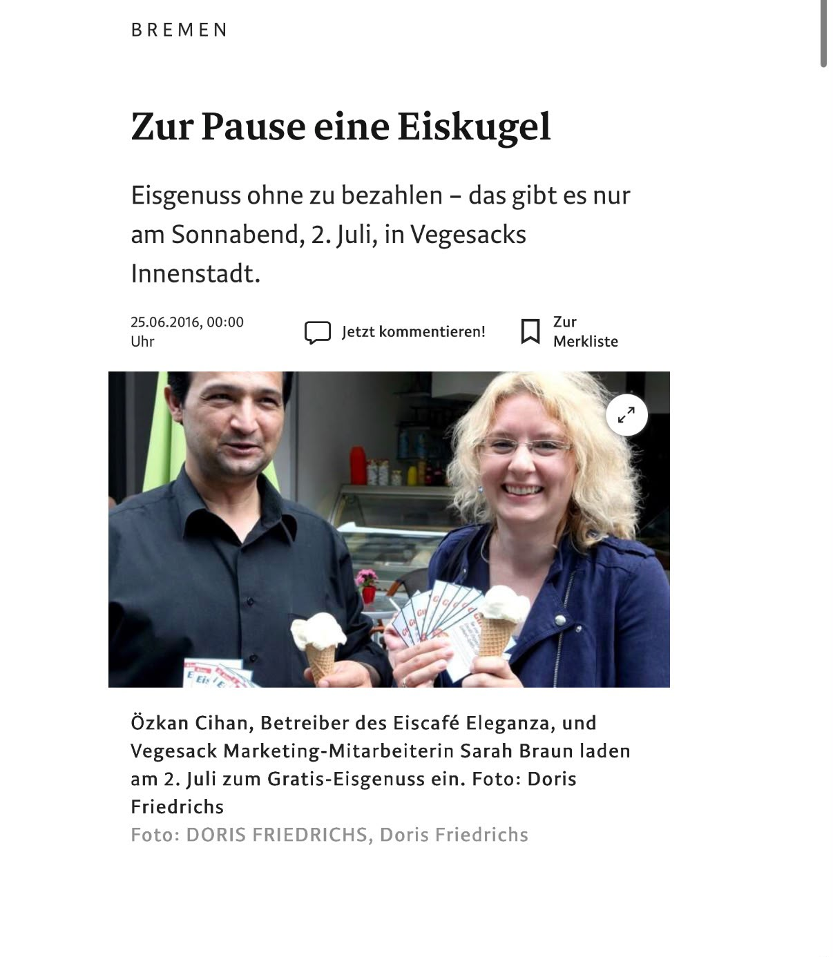 Bericht über eine kostenlose Eiskugel im Eiscafé Eleganza
